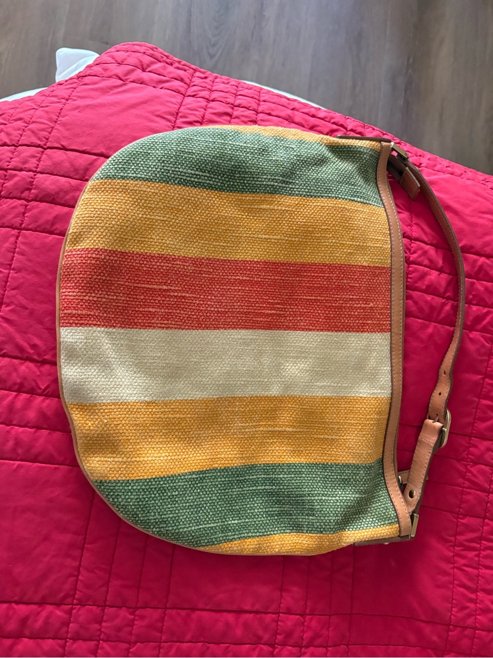 Striped Multicolor Canvas Vintage Shoulder Bag with Logo Accent - Picture 2 of 11